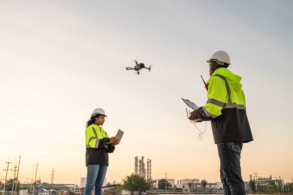 Engineer Specialists Pilot Drone on Construction Site. Architectural Engineer and Safety Engineering Inspector Fly Drone at industrial plant.